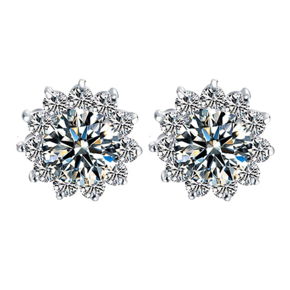 Silver-Tone White Crystal Sunflower Halo Stud Earrings