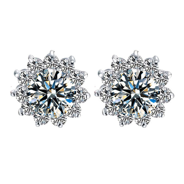 Silver-Tone White Crystal Sunflower Halo Stud Earrings