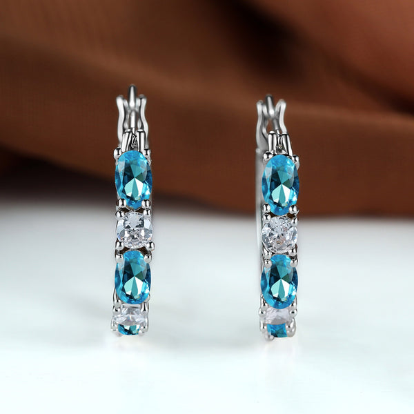 Silver-Tone Aqua Blue & White Crystal Slim Hoop Earrings