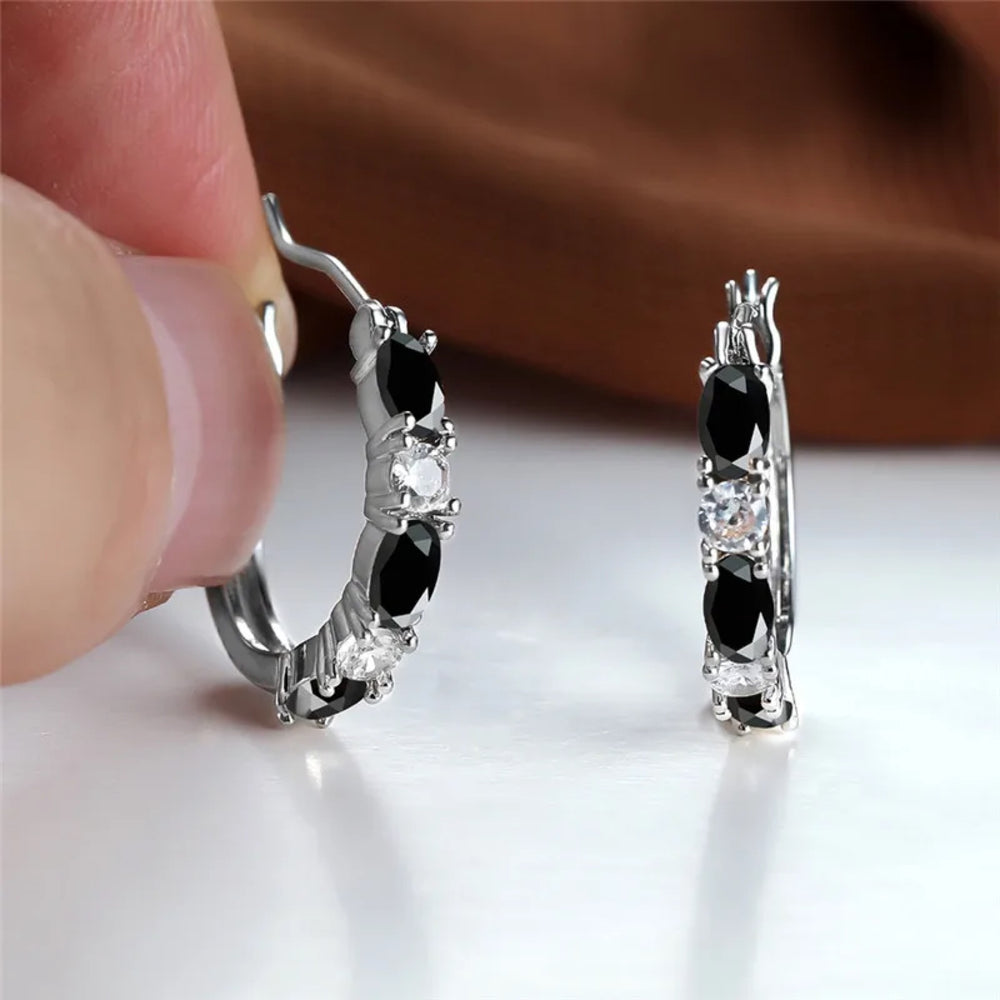 Silver-Tone Hoop Earrings With Black Marquise & White Crystals