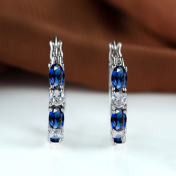Silver-Tone Royal Blue & White Crystal Oval Hoop Earrings
