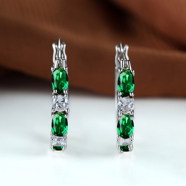 Silver-Tone Green & White Crystal Slim Hoop Earrings