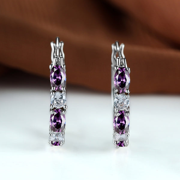 Silver-Tone Purple Oval & White Crystal Hoop Earrings