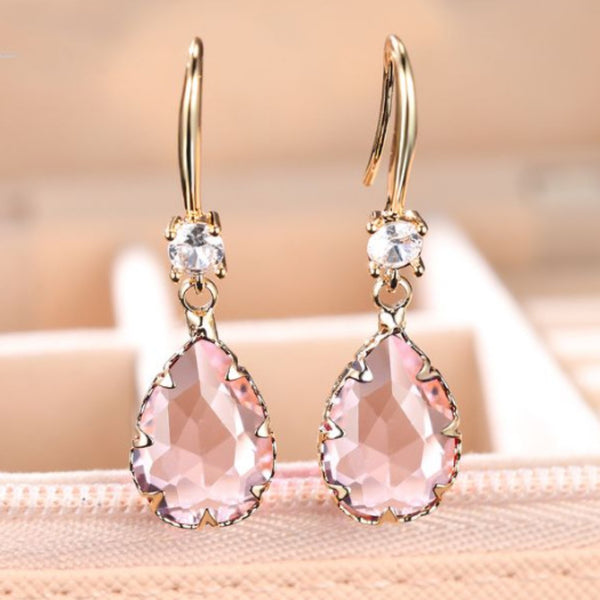 Champagne Gold-Tone Tourmaline-Pink Teardrop Crystal Drop Earrings
