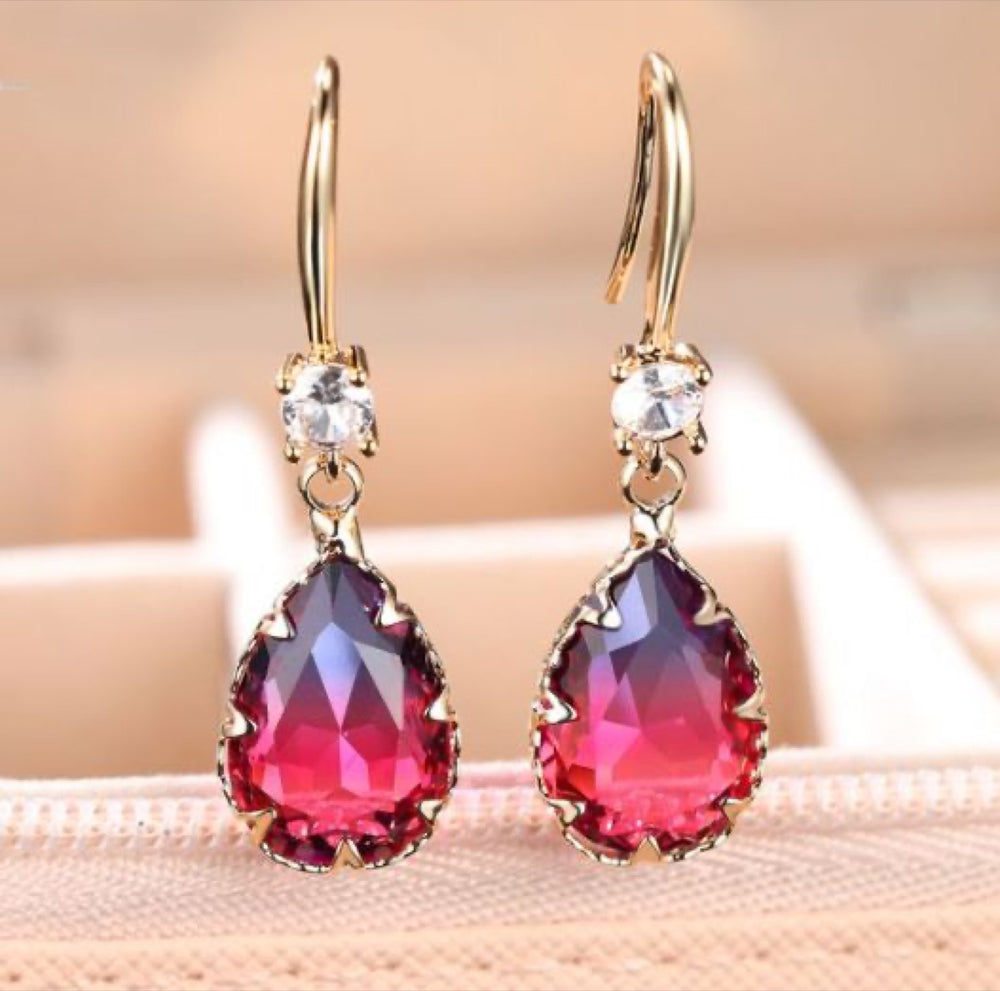 Champagne Gold-Tone Rose-to-Violet Ombre Teardrop Drop Earrings