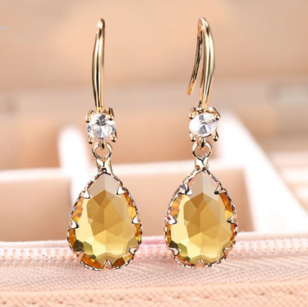Champagne Gold-Tone Golden Yellow Teardrop Crystal Hook Drop Earrings