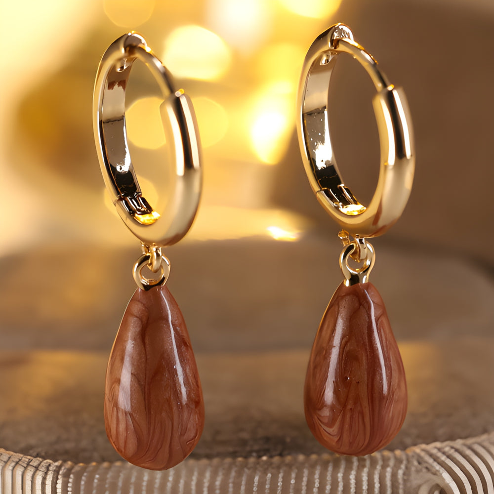 Gold-Tone Coffee Brown Enamel Teardrop Charm Drop Earrings
