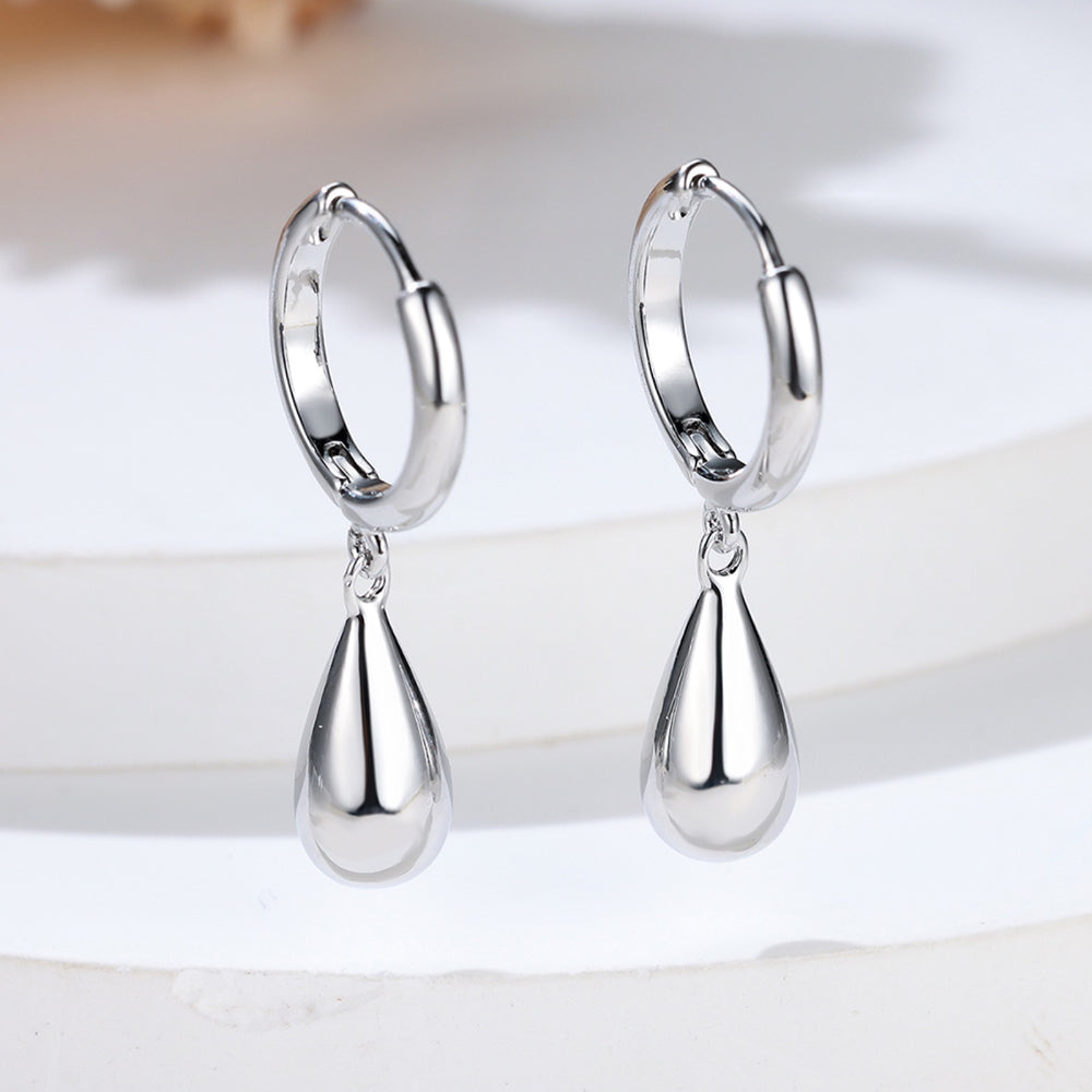Silver-Tone Polished Teardrop Charm Huggie Hoop Earrings