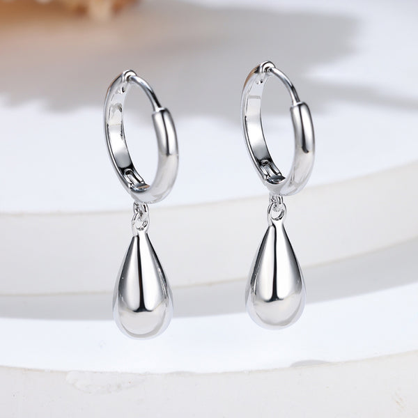 Silver-Tone Polished Teardrop Charm Huggie Hoop Earrings