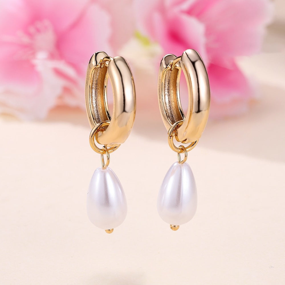 Gold-Tone White Teardrop Simulated Pearl Huggie Earrings