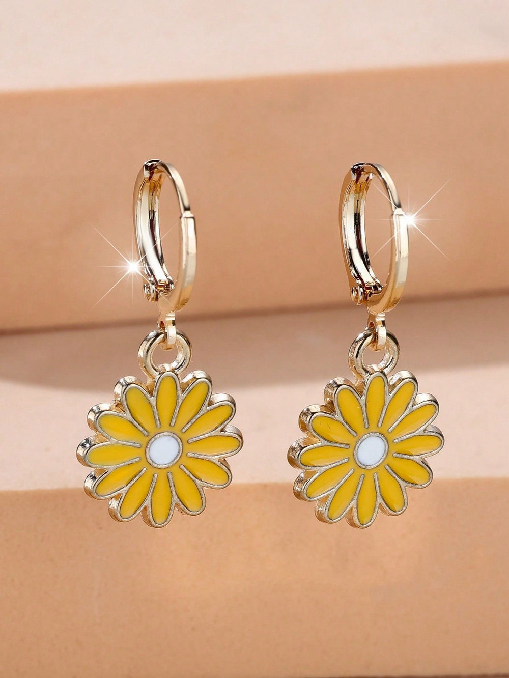 Gold-Tone Yellow Enamel Daisy Charm Huggie Drop Earrings