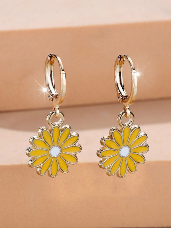 Gold-Tone Yellow Enamel Daisy Charm Huggie Drop Earrings