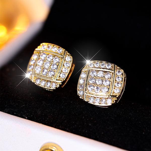 Gold-Tone Pave White Crystal Tiered Square Stud Earrings