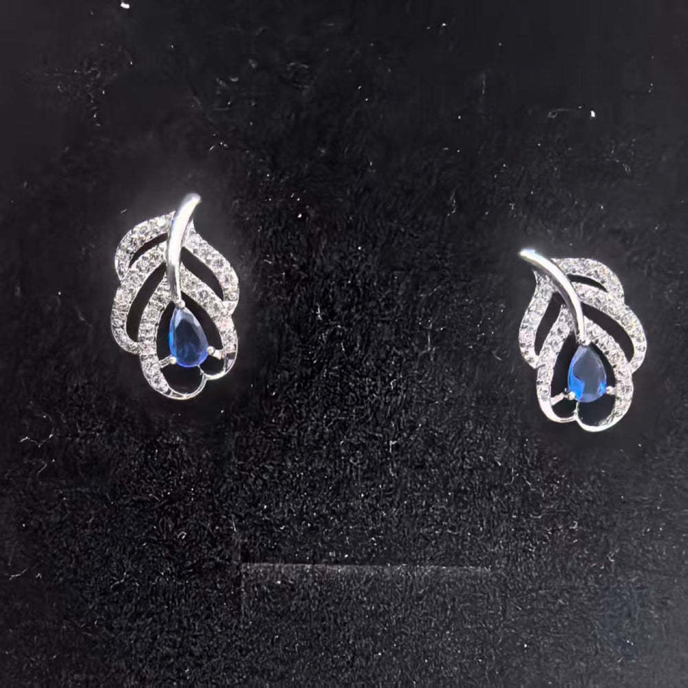 Silver-Tone Royal Blue Crystal Pave Leaf Stud Earrings