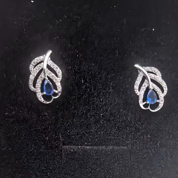 Silver-Tone Royal Blue Crystal Pave Leaf Stud Earrings