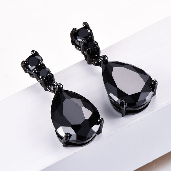 Black & Gold-Tone Black Pear Crystal & Round Accent Drop Earrings