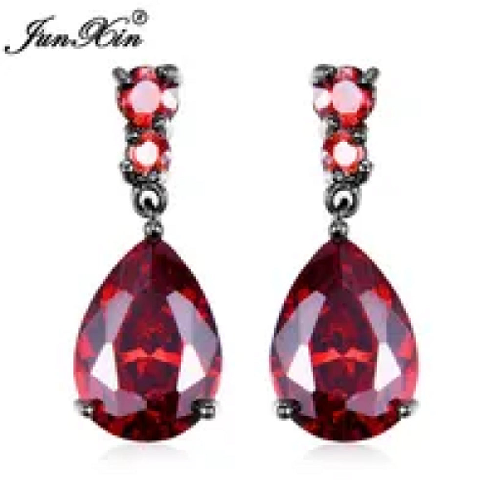 Black Gold-Tone Red Teardrop Crystal Drop Earrings