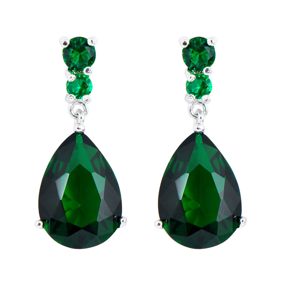 Silver-Tone Emerald Green Teardrop Crystal Drop Earrings