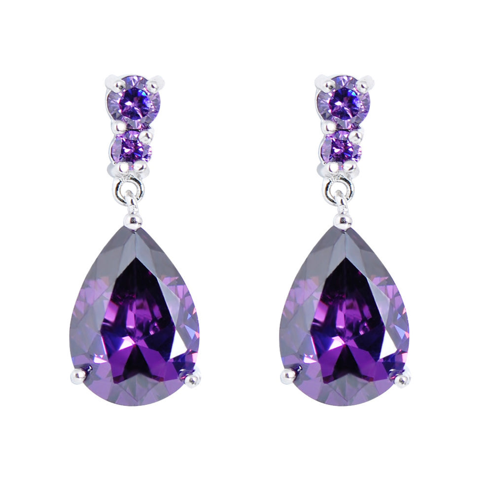 Silver-Tone Purple Pear Crystal & Twin Round Accent Drop Earrings