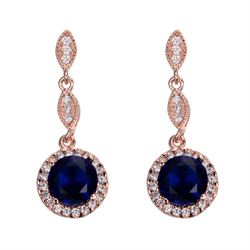 Rose Gold-Tone Royal Blue Round Crystal Halo Drop Earrings