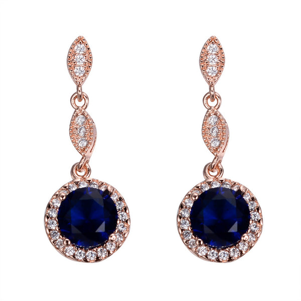 Rose Gold-Tone Royal Blue Round Crystal Halo Drop Earrings
