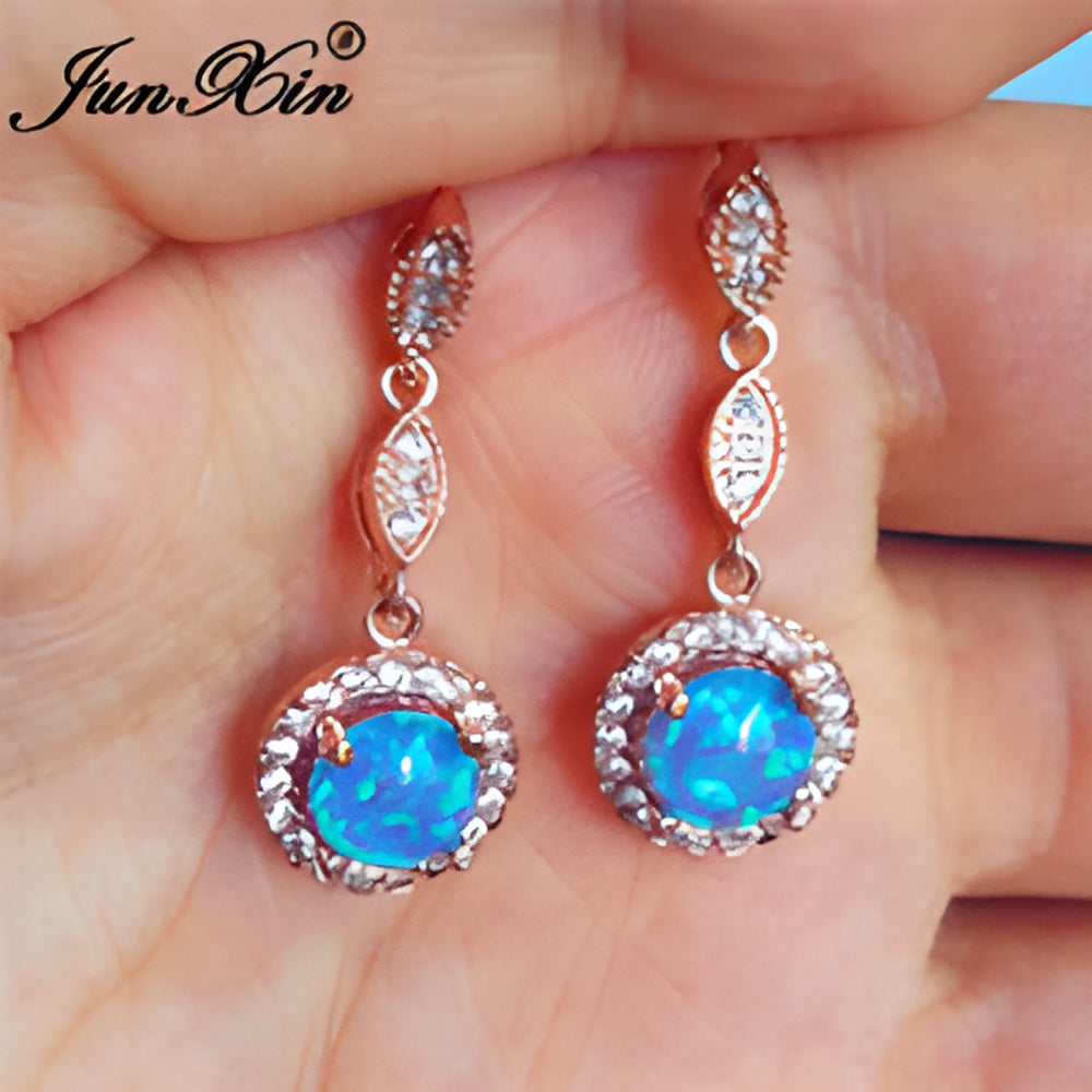 Rose Gold-Tone Blue Simulated Opal Round Crystal Halo Drop Earrings