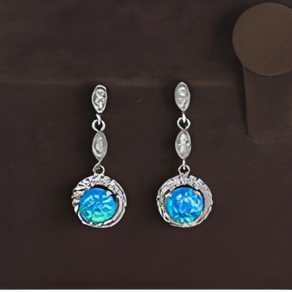 Silver-Tone Blue Simulated Opal Halo Drop Earrings With Crystal Accents