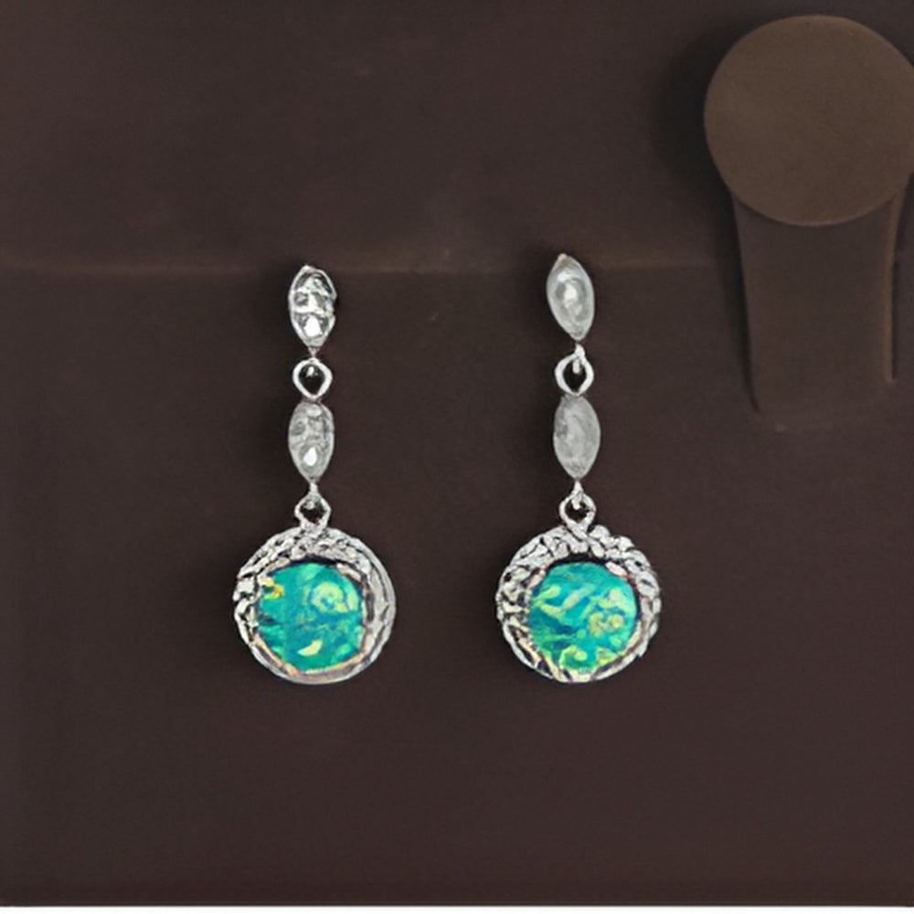 Silver-Tone Green Simulated Opal Halo Drop Earrings With Crystal Accents