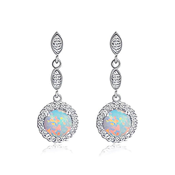Silver-Tone White Simulated Opal Round Crystal Halo Drop Earrings