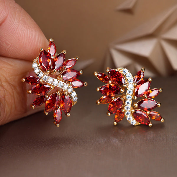 Gold-Tone Garnet-Red Marquise Crystal Cluster Stud Earrings