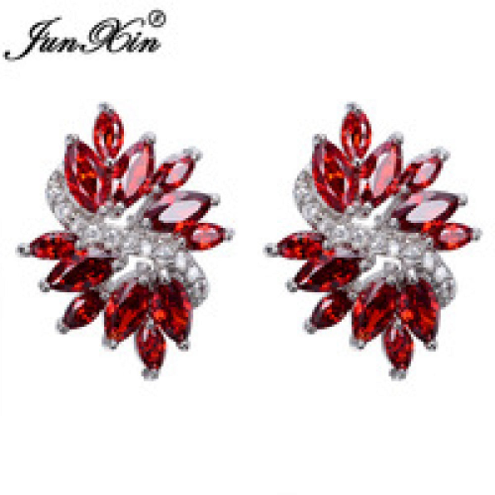 Silver-Tone Garnet Red Crystal Stud Earrings