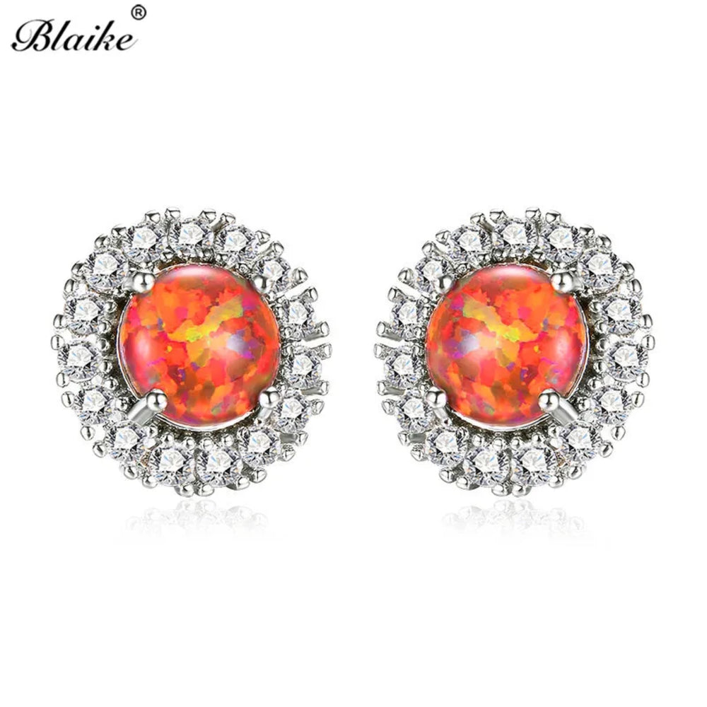 Silver-Tone Orange Simulated Opal Sunflower Crystal Halo Stud Earrings