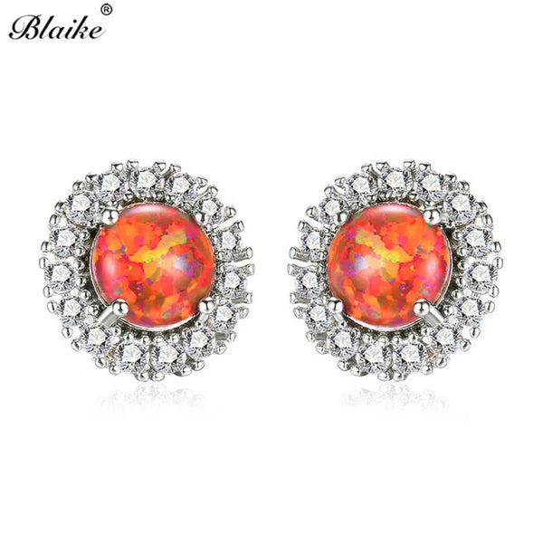 Silver-Tone Orange Simulated Opal Sunflower Crystal Halo Stud Earrings