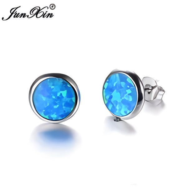 Silver-Tone Round Blue Simulated Opal Bezel-Set Stud Earrings