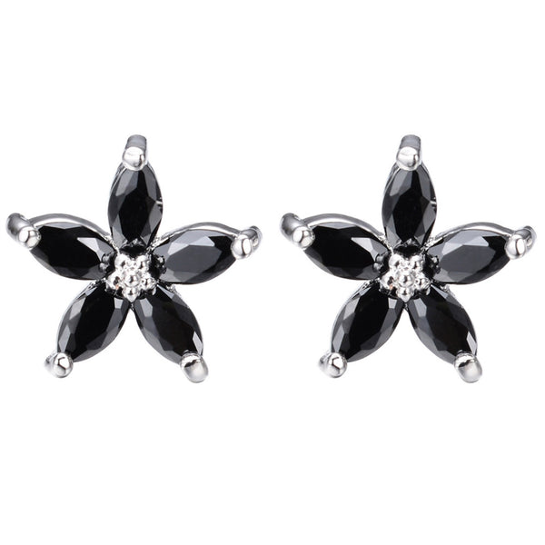 Silver-Tone Black Crystal Star Flower Stud Earrings