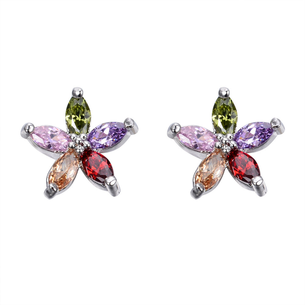 Silver-Tone Multicolor Crystal Five-Petal Star Stud Earrings