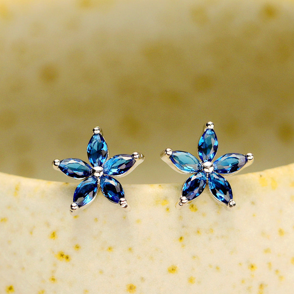 Silver-Tone Royal Blue Crystal Five-Petal Flower Stud Earrings