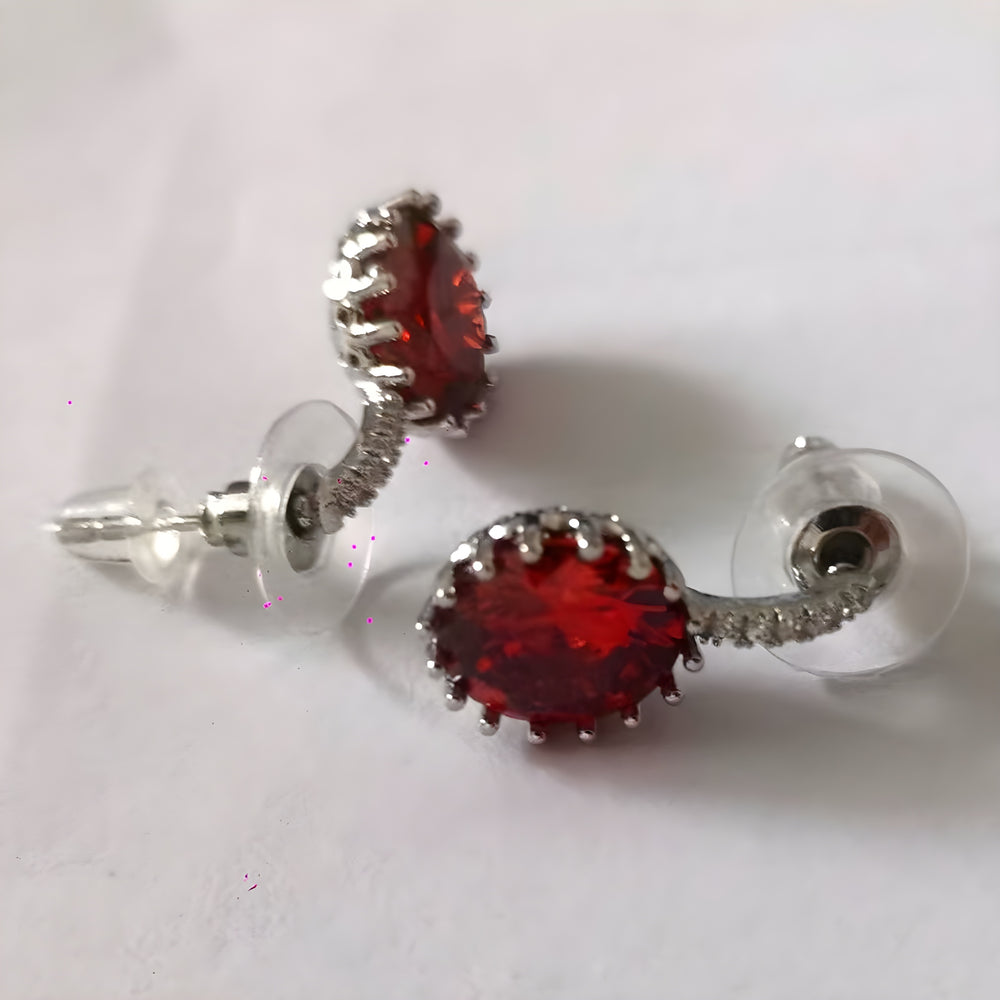 Silver-Tone Garnet-Red Round Crystal Crown Stud Earrings