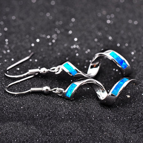 Silver-Tone Blue Simulated Opal Inlay Spiral Twist Drop Earrings