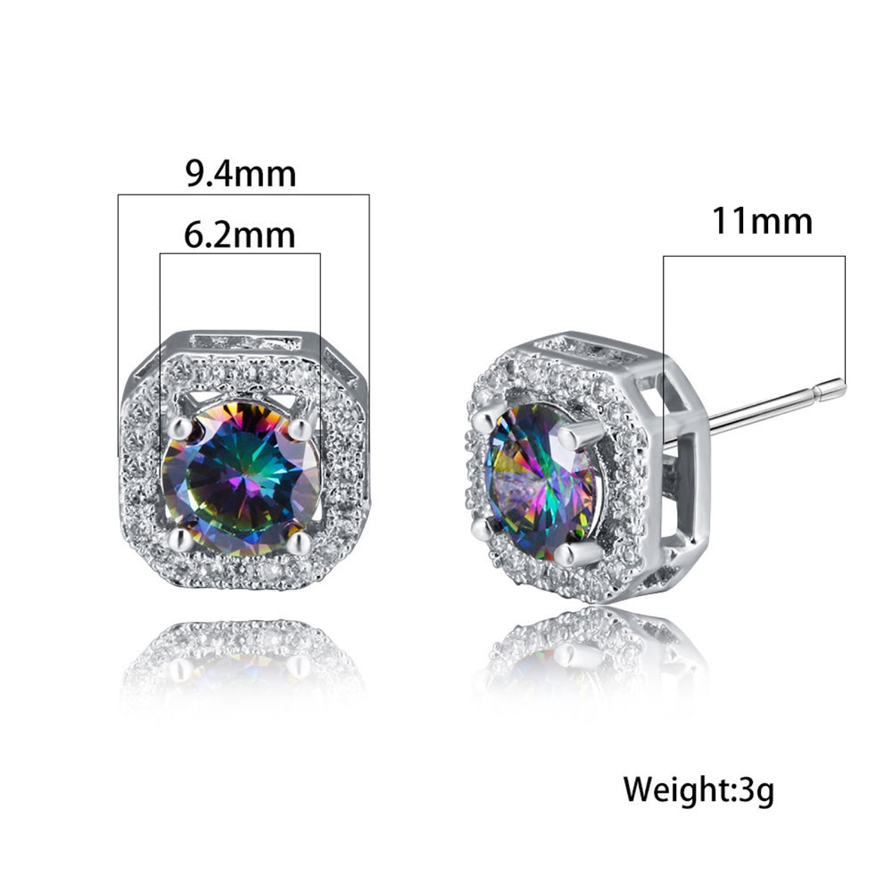 Silver-Tone Mystic Rainbow Crystal Rounded Square Halo Studs