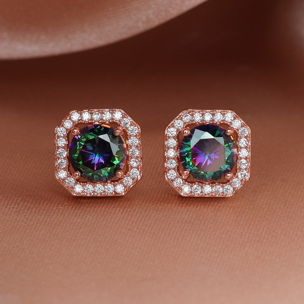 Rose Gold-Tone Haloed Iridescent Round Crystal Stud Earrings