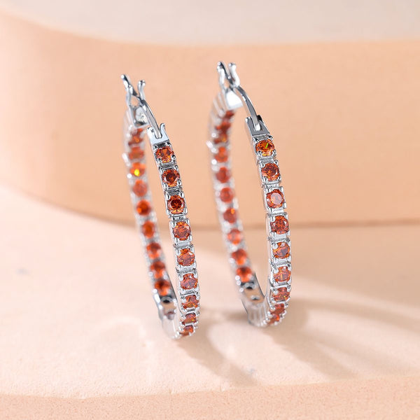 Silver-Tone Orange-Red Crystal Inside-Out Oval Hoop Earrings