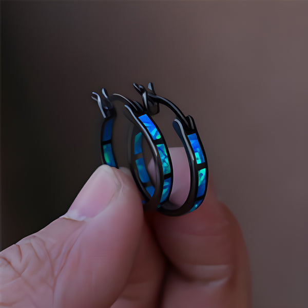 Black & Gold-Tone Blue Simulated Opal Inlay Round Hoop Earrings
