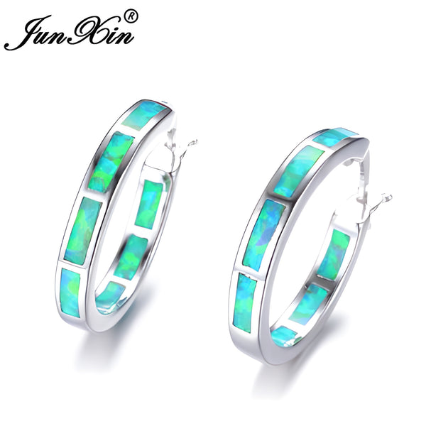 Silver-Tone Green Simulated Opal Inlay Round Hoop Earrings