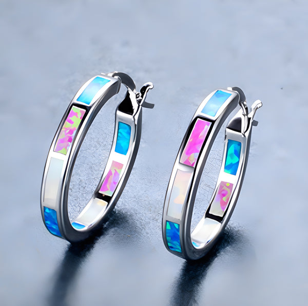 Silver-Tone Tricolor Simulated Opal Inlay Round Hoop Earrings