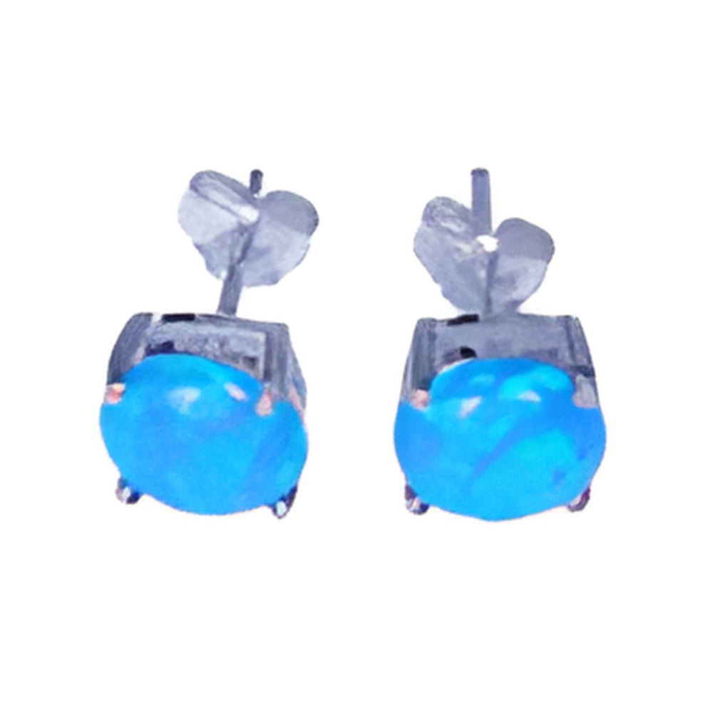 Silver-Tone Round Blue Simulated Opal Four-Prong Stud Earrings