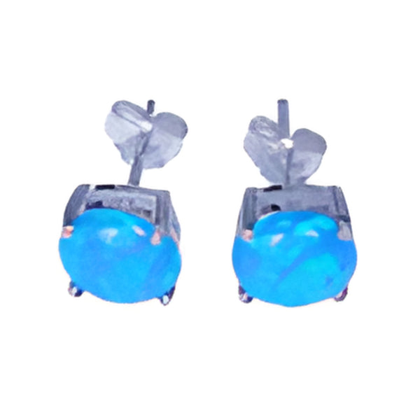 Silver-Tone Round Blue Simulated Opal Four-Prong Stud Earrings
