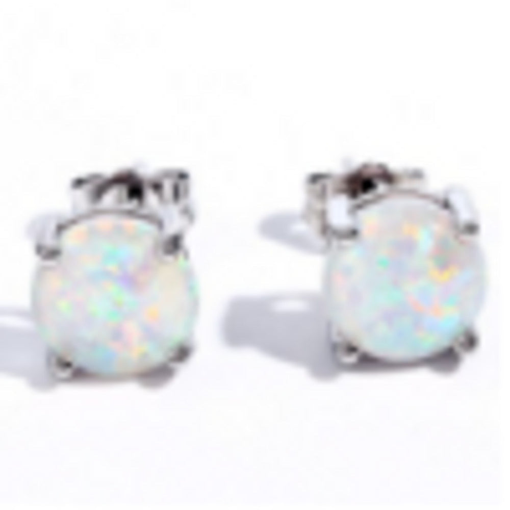 Silver-Tone Four-Prong White Round Simulated Opal Stud Earrings