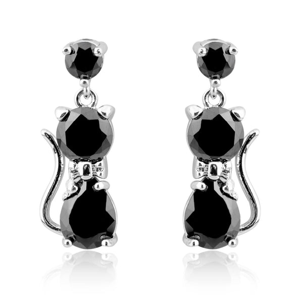 Silver-Tone Black Crystal Kitty Cat Dangle Drop Earrings