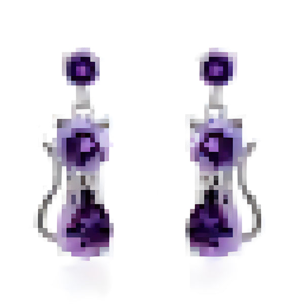 Silver-Tone Purple Crystal Kitty Cat Dangle Drop Earrings